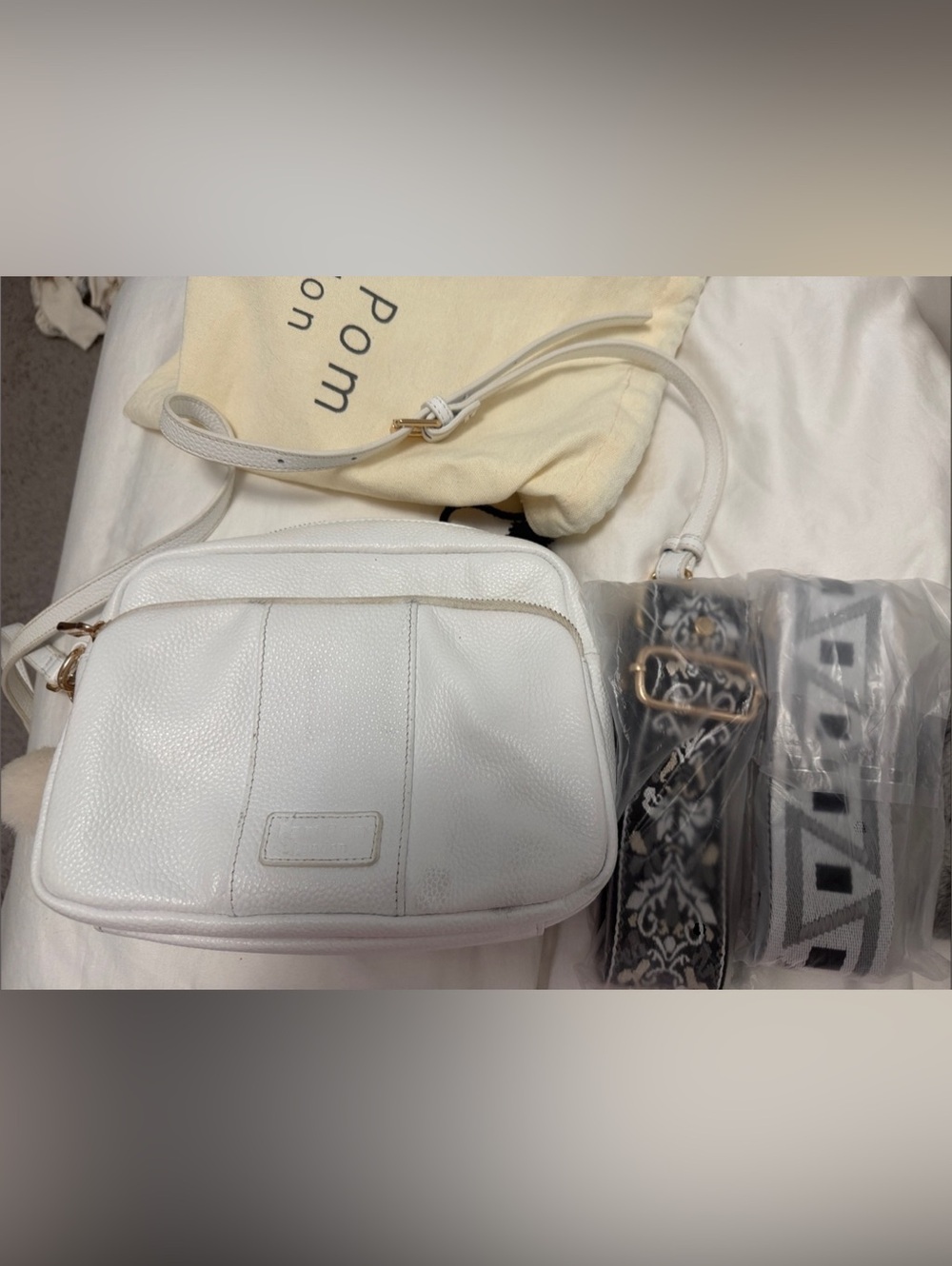 Pom Pom London white leather Mayfair Plus with 3 straps